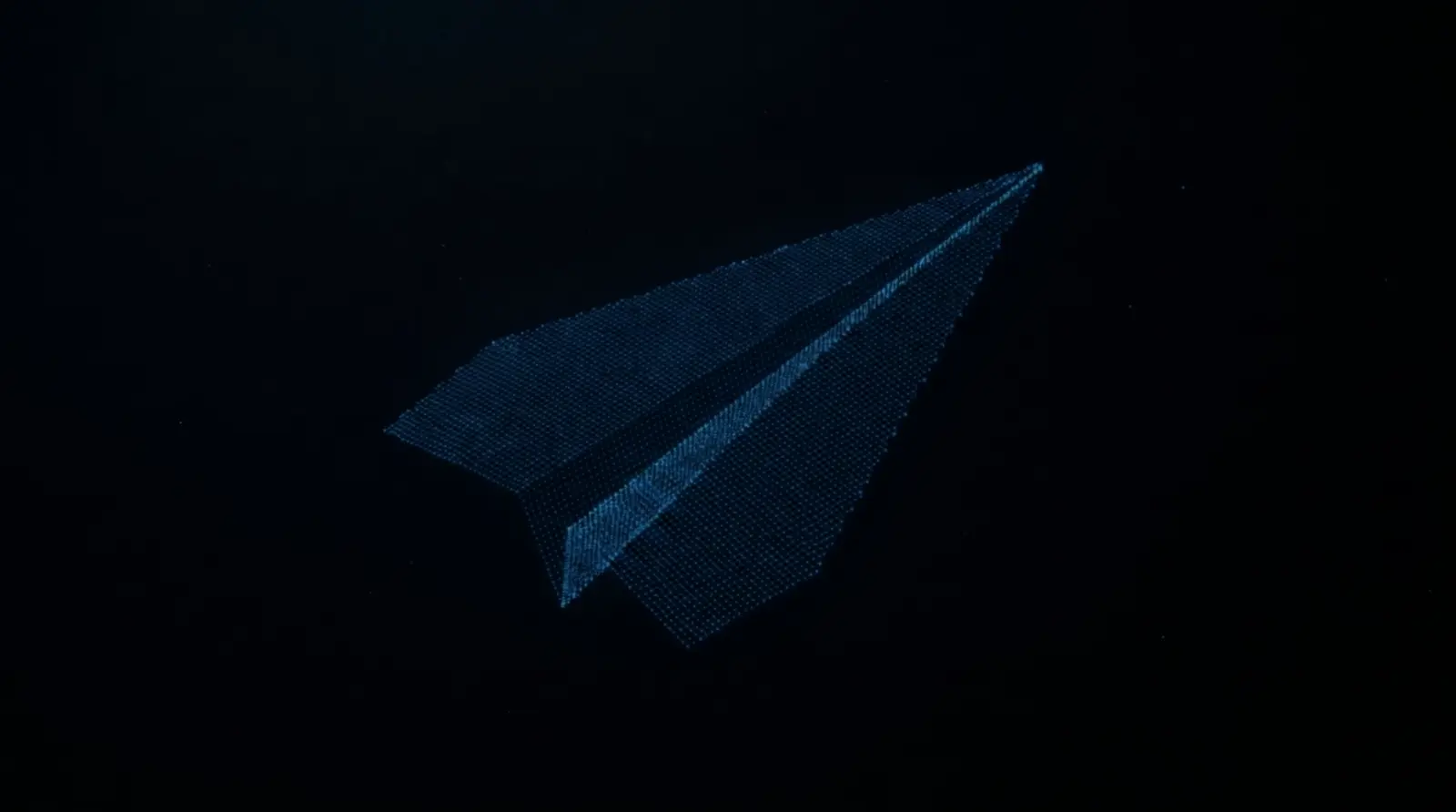Avião de papel do logo da GoinUP formado por pixels de luz azul no escuro